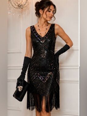BABEYOND NWT Black Sequin Fringe Gatsby Flapper Dress Art Deco Cocktail Dress XS